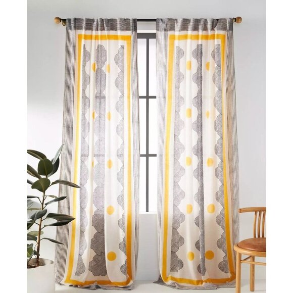 Anthropologie Set of 2 Jen Hewett Blockprinted Formation Curtains 50" x 108" - Picture 1 of 7
